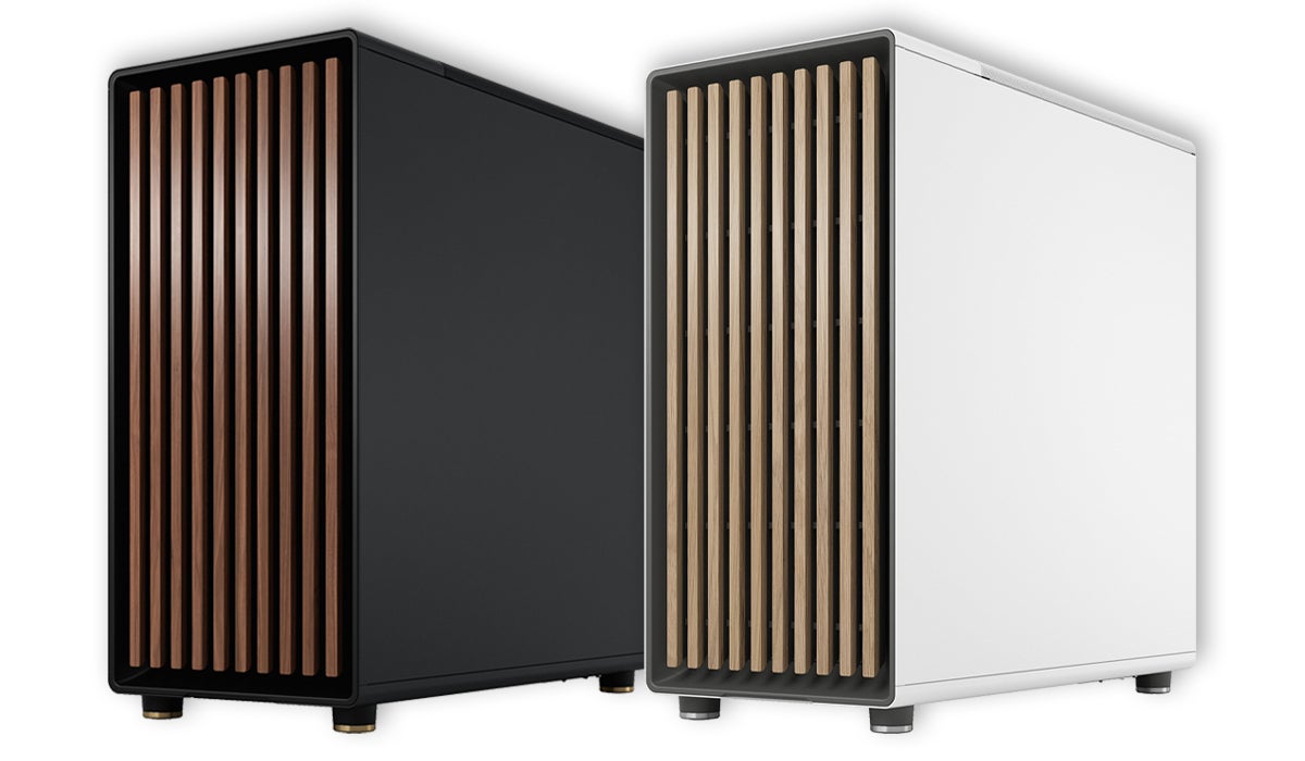黒と白のPCケースが並んでおり、いずれも前面に木製ルーバーのデザインが施されています。