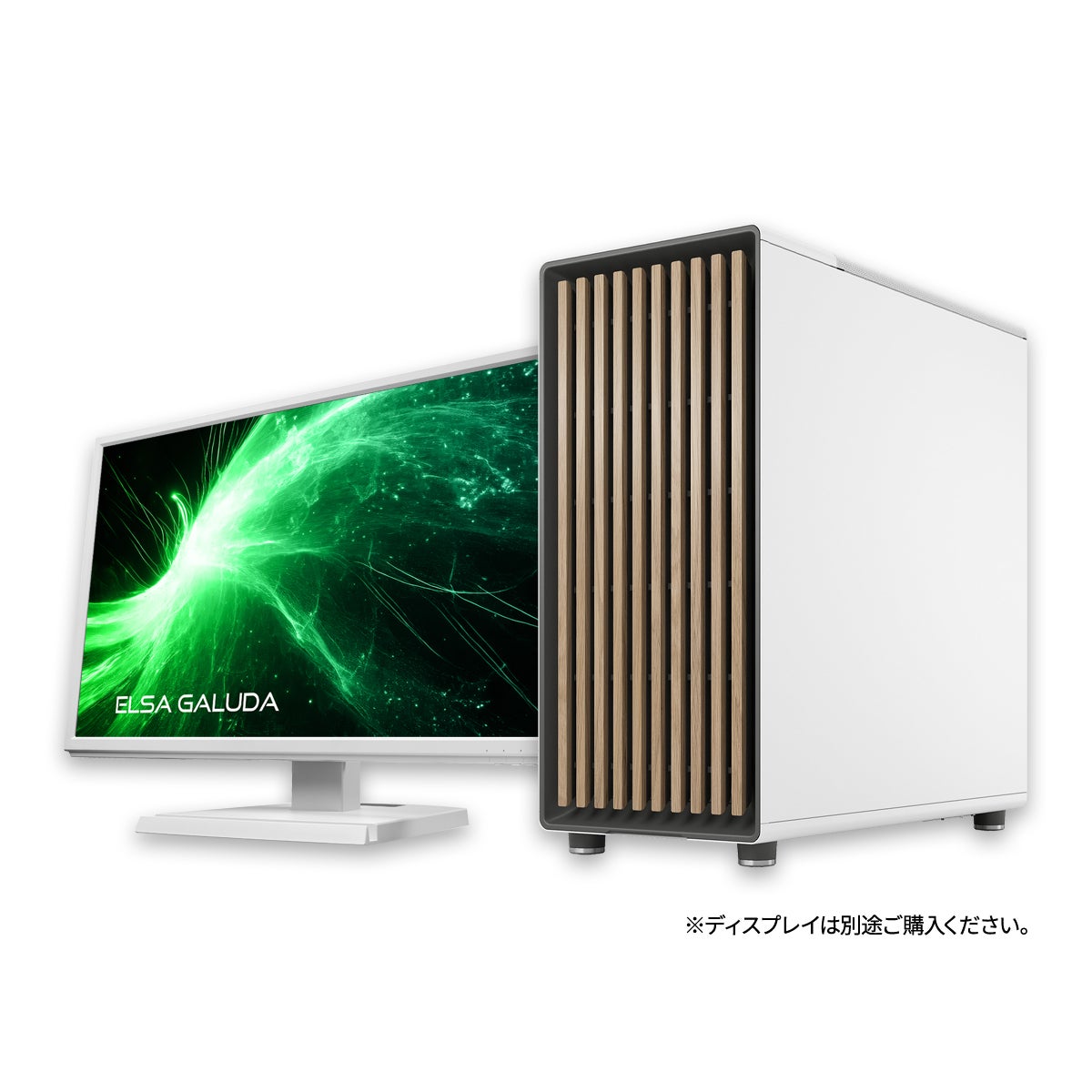 ELSA GALUDAのPC本体とモニター。緑色の抽象的なデザインが特徴。