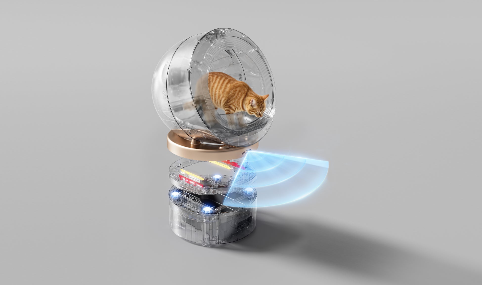 猫用自動トイレの分解図。透明な球体と内部構造、センサーを示す。