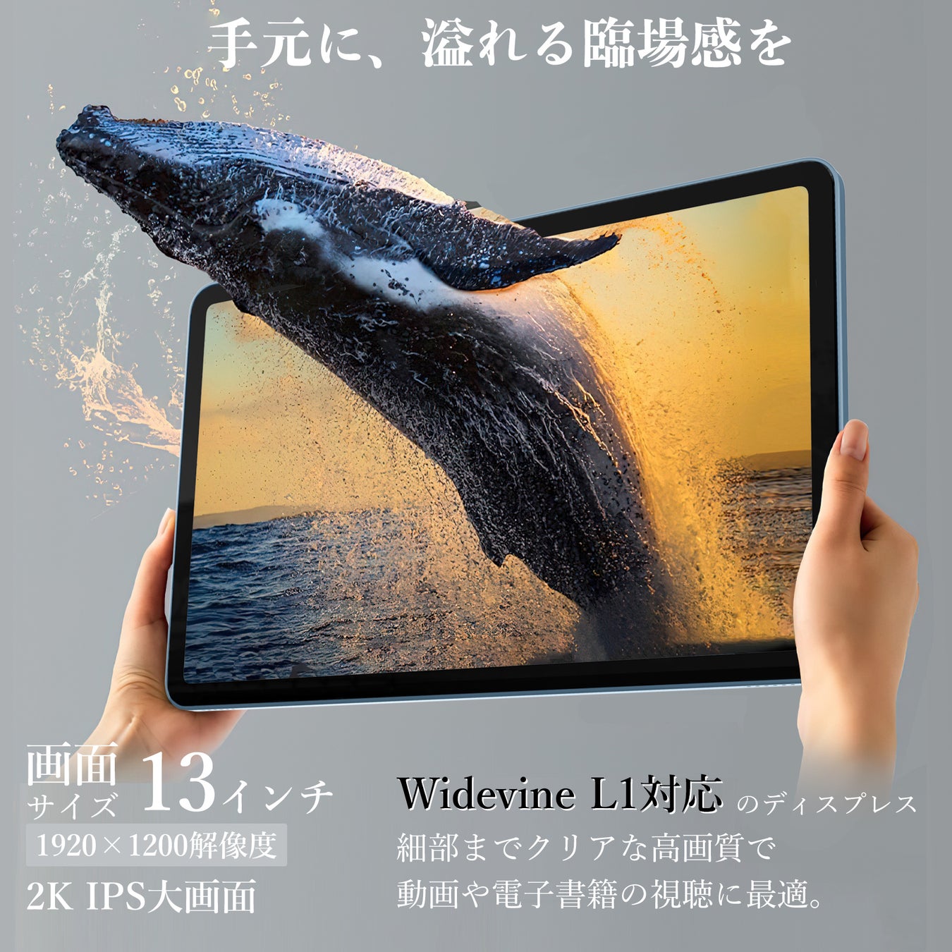 タブレットの画面にクジラがジャンプしている映像が表示されている