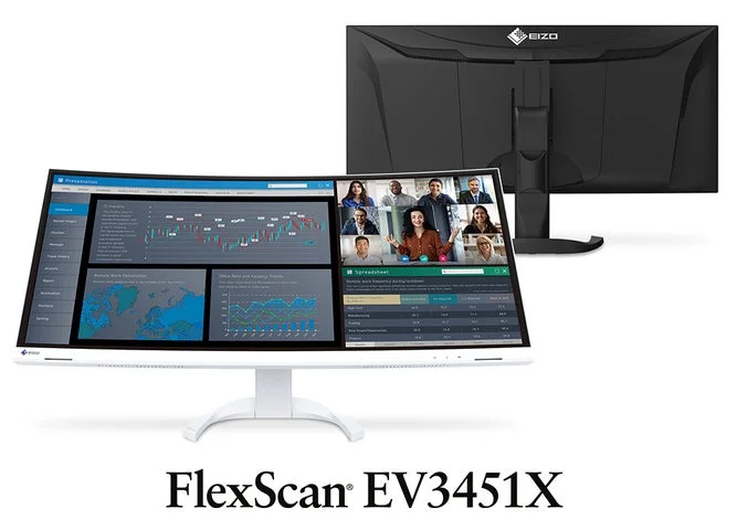 FlexScan EV3451Xの正面と背面を示すウルトラワイド曲面モニターの全体像