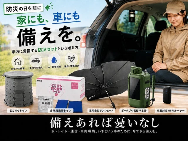 車内に設置された防災製品（トイレ、浄水器、ルーター、サンシェード）とそれらを持つ女性