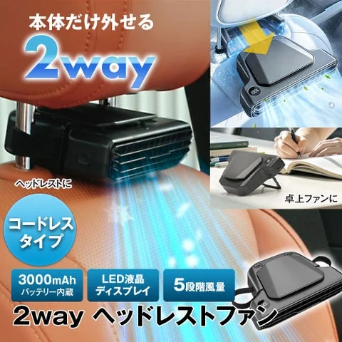 ヘッドレストファン本体とブラケット、卓上での使用例などがまとめられた製品イメージ画像
