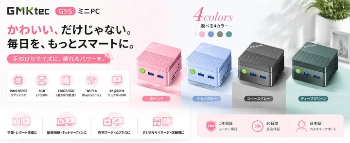 GMKtec G5SミニPCの4色カラーバリエーションと主なスペック、利用シーンの紹介画像