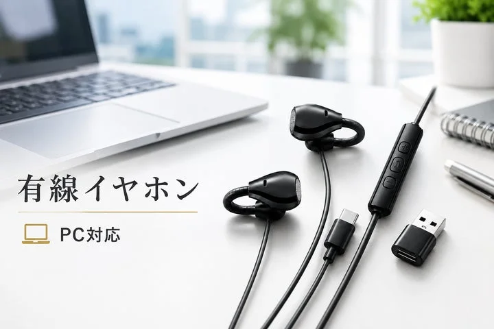 PCと接続されたイヤーカフ型有線イヤホンとUSB-A変換アダプタ