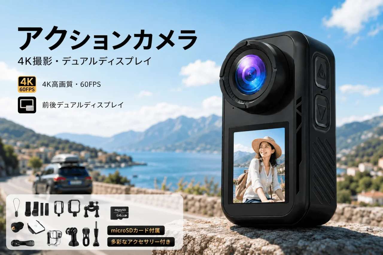 アクションカメラ本体と付属のmicroSDカードおよび多様なアクセサリー類