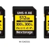 256GB、512GB、1TBの3種類の容量が並んだNX-F2AEシリーズメモリーカード