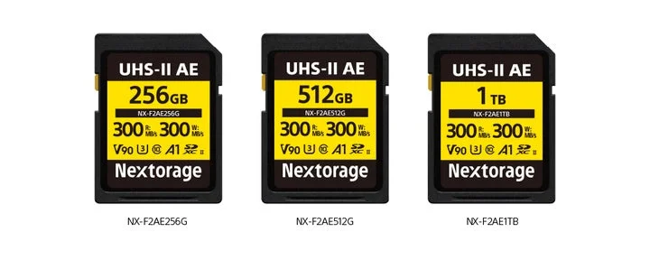 256GB、512GB、1TBの3種類の容量が並んだNX-F2AEシリーズメモリーカード