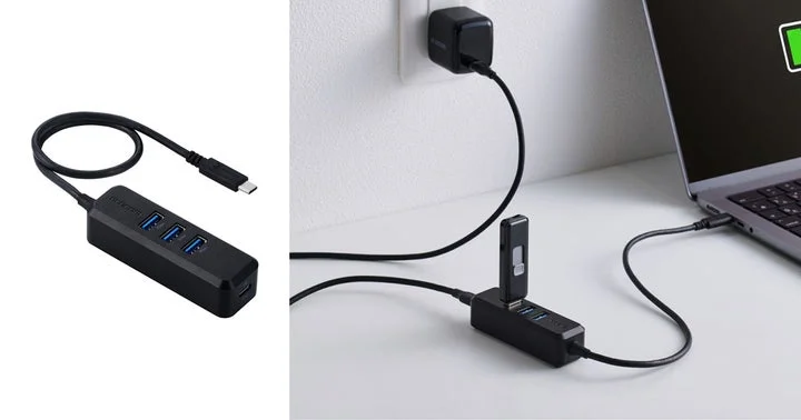 USBハブ単体と、PCに接続してUSBメモリを挿したデスク上の使用イメージ