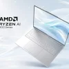 ライトシルバーのSwift Air 16とAMD Ryzen AIのロゴ