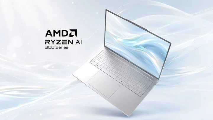 ライトシルバーのSwift Air 16とAMD Ryzen AIのロゴ