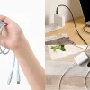 手で持ったシリコンUSBケーブルと、パソコンやスマホを充電している使用例