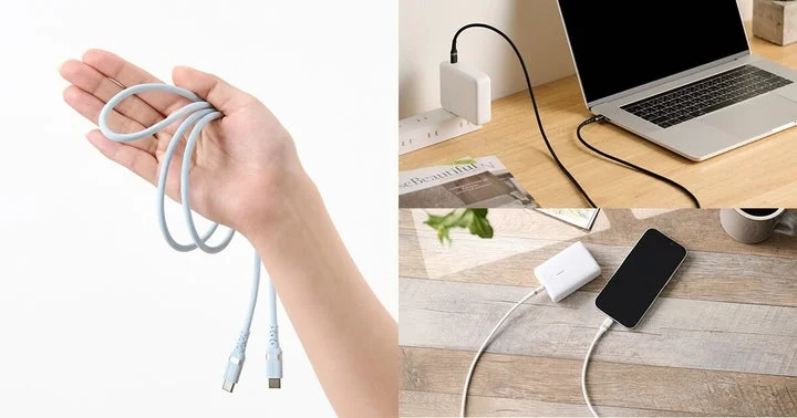 手で持ったシリコンUSBケーブルと、パソコンやスマホを充電している使用例