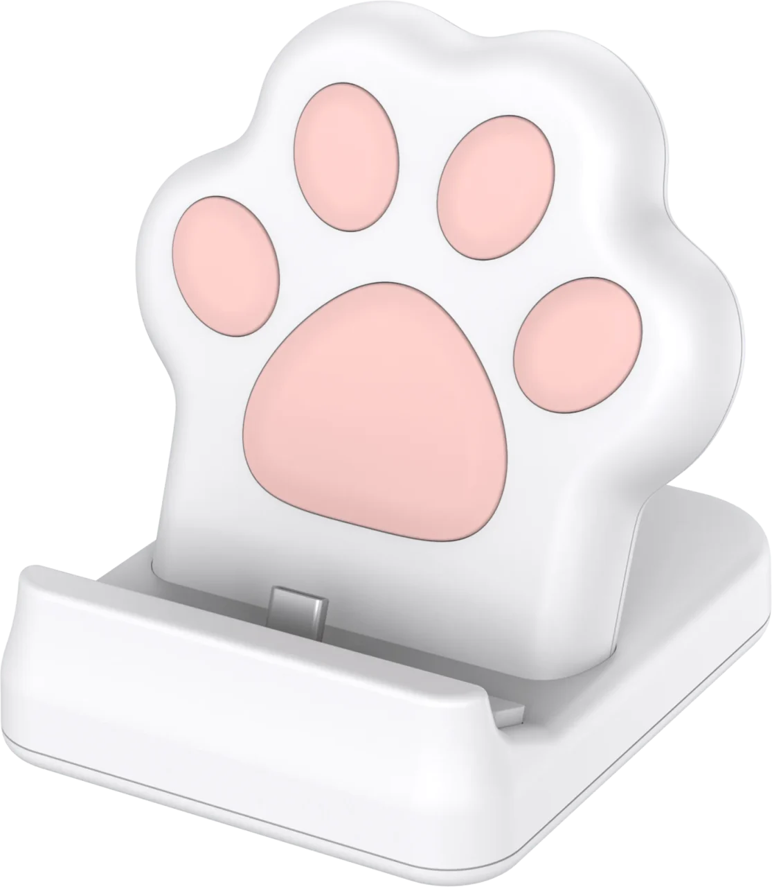 猫の肉球デザインのスマートフォン用充電スタンド（斜めからの全体像）