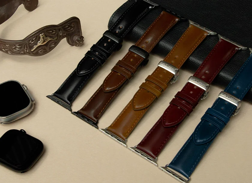 5色のカラーバリエーションが並ぶApple Watch用レザーバンド