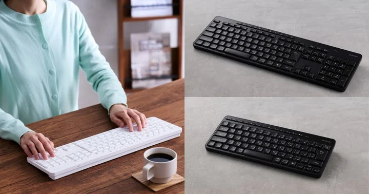 デスクで静音キーボードを使用する人物と、ブラックのフルサイズ・ミニサイズのキーボード