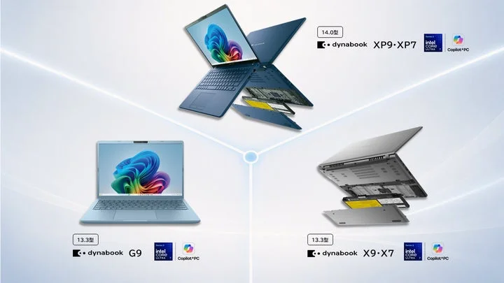 dynabook XP9・XP7、G9、X9・X7の製品画像とCopilot+ PCロゴ