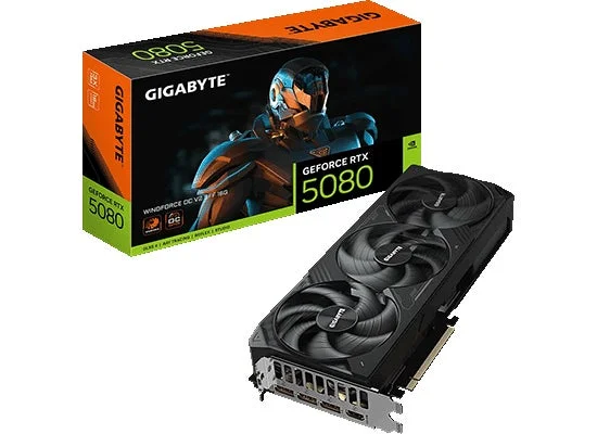 GIGABYTE GeForce RTX 5080グラフィックボードと製品パッケージ