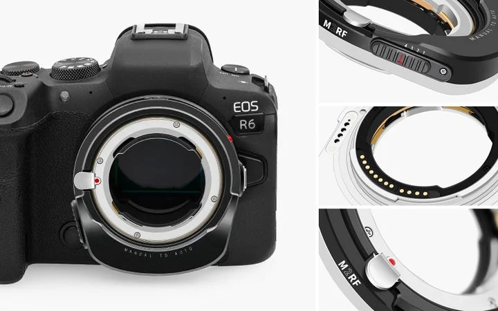 キヤノンEOS R6カメラに装着されたMegadap M2RF電子マウントアダプター