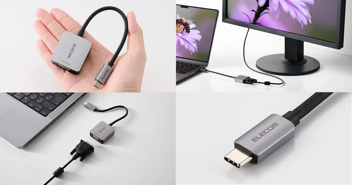 手に持ったUSB Type-CからVGAへ変換するアダプター