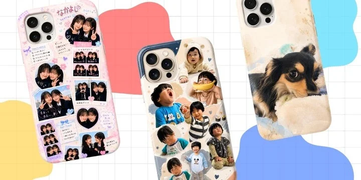 3種類の異なるデザインのオリジナルスマホケースが並んでいる様子