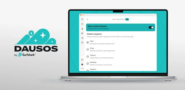 Surfsharkアプリのウェブコンテンツブロッカー設定画面とDausosプロトコルのロゴ