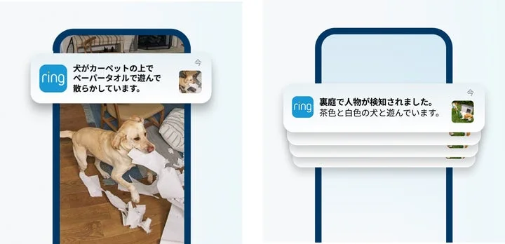 スマートフォンに表示されたRingの通知画面。要約された状況説明と、通知がまとめられた様子。