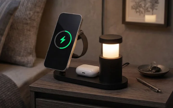 ベッドサイドに設置されたiPhone、Apple Watch、AirPodsを充電中の3in1ワイヤ