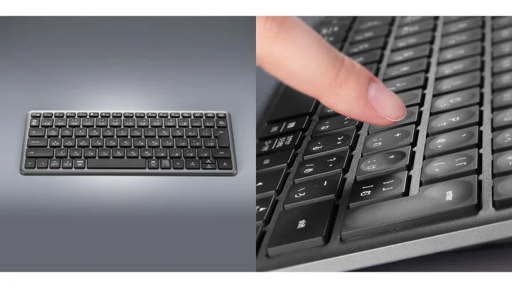 テンキーレスワイヤレスキーボード「400-SKB087」の全体像と指での打鍵シーン