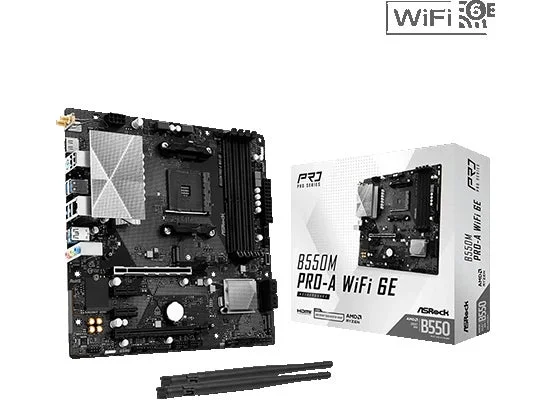 B550M Pro-A WiFi 6Eマザーボード本体と製品パッケージ、アンテナのセット