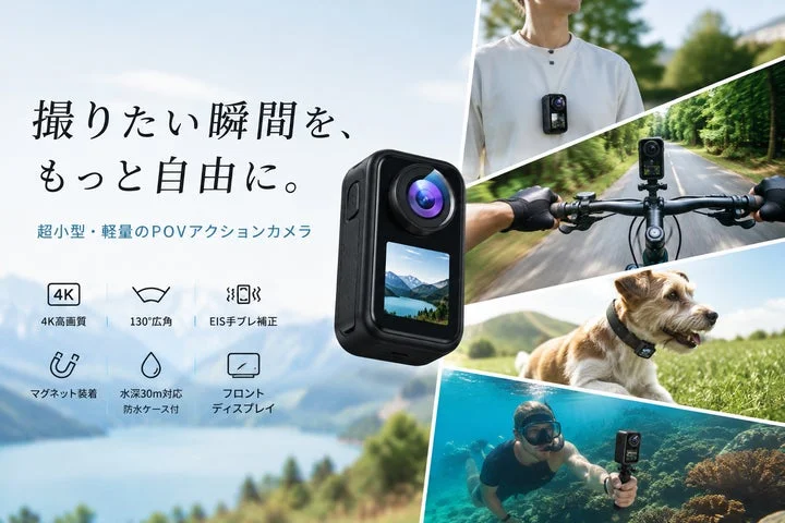 POVアクションカメラの製品本体と、胸元、自転車、ペット、水中での利用シーンの紹介画像。