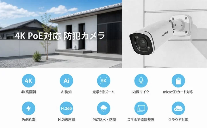 H.VIEW防犯カメラの機能一覧と設置イメージ
