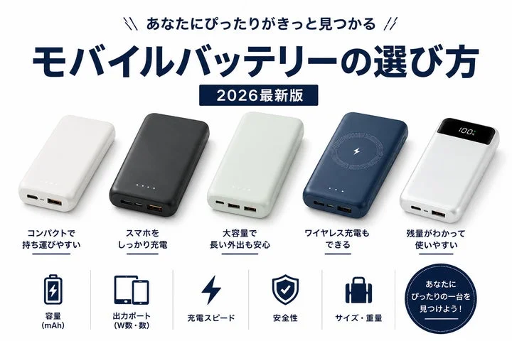 モバイルバッテリーの選び方を示す5種類の製品ラインナップと各特徴のアイコン