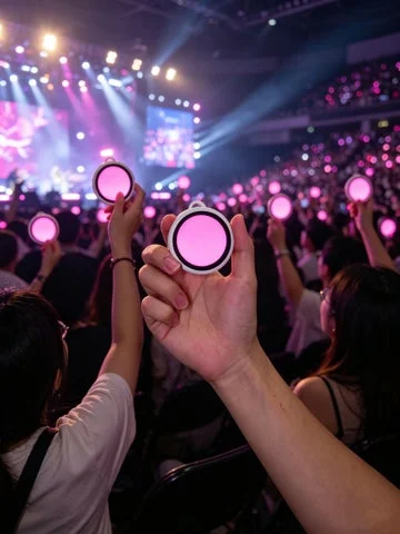ライブ会場で多くの人が掲げる丸いデジタルバッジ「Emodo」