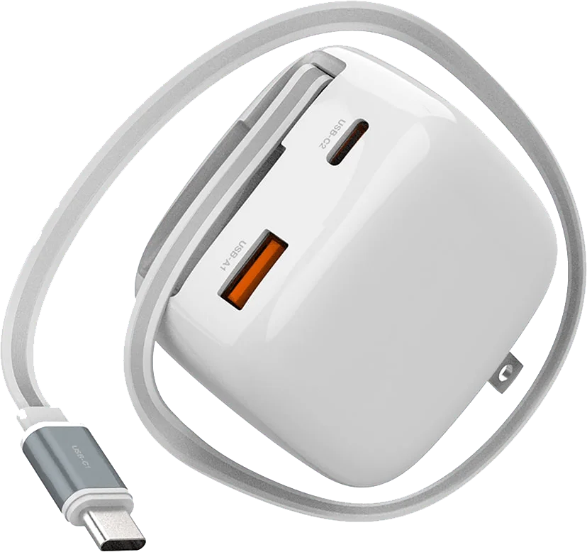 USB-Cケーブルが一体化した、USB-CとUSB-Aポートを備える白色の充電器