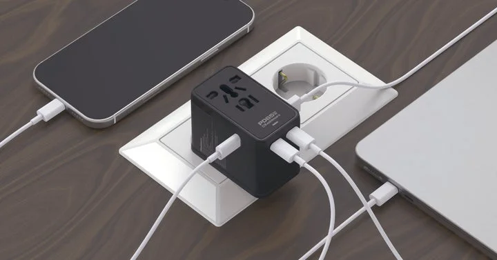 海外用変換プラグをコンセントに差し込み、スマホとPCを同時に充電している様子