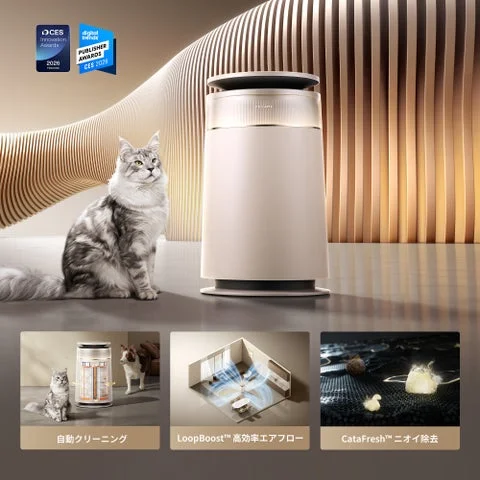 ペットとDreame FP10空気清浄機、集毛・風量・脱臭機能を示す3つのインセット画像
