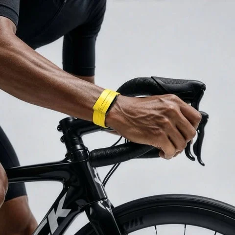 自転車に乗る人の手首に装着されたイエローのWHOOP 5.0用ケース