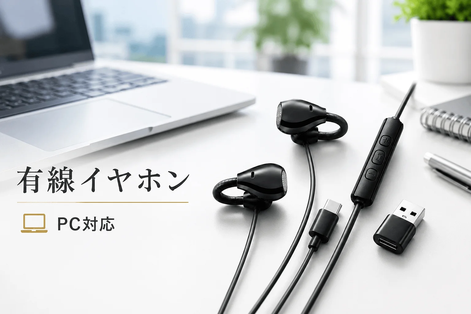 デスク上の黒い有線イヤホンとUSB-A変換アダプター