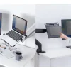 モニターアームに取り付けたノートパソコンとタブレットの使用イメージ