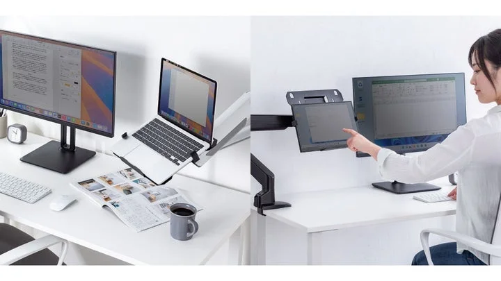 モニターアームに取り付けたノートパソコンとタブレットの使用イメージ