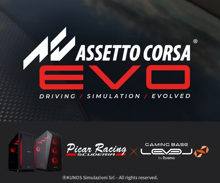 Assetto Corsa EVOのロゴと、ゲーミングPC本体およびコラボロゴ