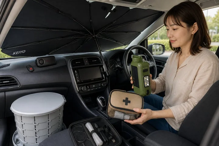 車内でポータブル電動浄水器を手に持つ女性と、車内に配置された防災グッズ