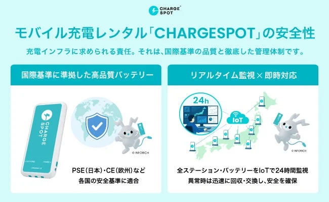 CHARGESPOTの安全性と品質管理体制を示すインフォグラフィック