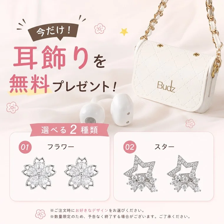 バッグ型イヤホンと選べる2種類の付け替えチャーム(フラワー・スター)