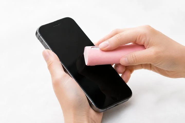 手に持ったスクリーンクリーナーでスマートフォンの画面を拭いている様子