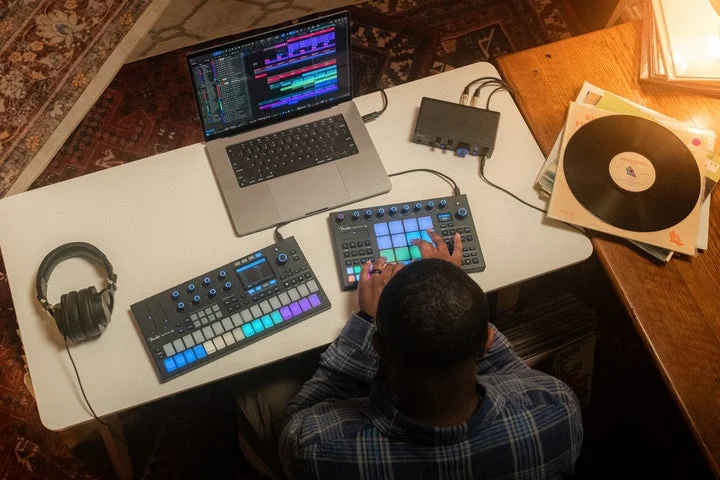 デスクでFender Motionを操作して音楽制作をしている様子