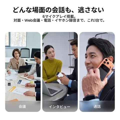 会議、インタビュー、通話の各利用場面におけるComu Action Proの使用例