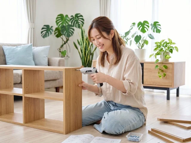 女性が収納ラックの組み立てに電動ドライバーを使用している様子