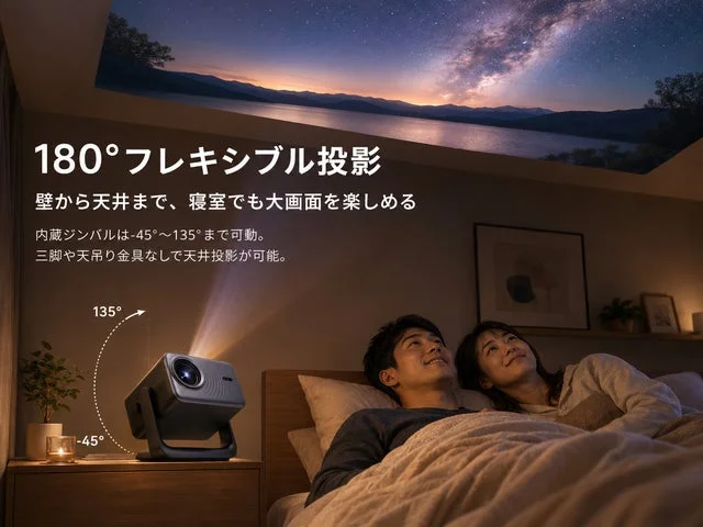 寝室で天井に映像を投影している様子
